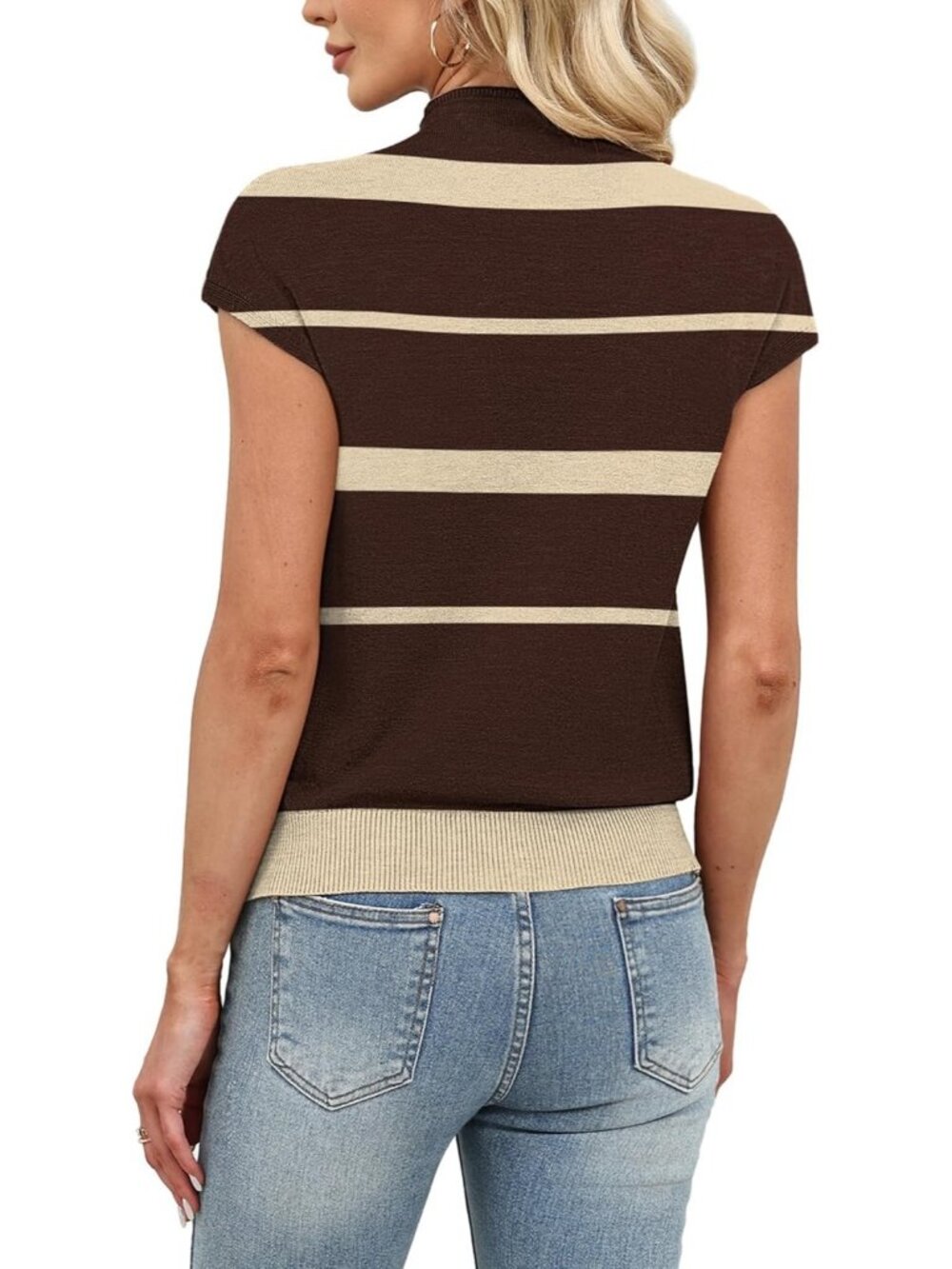 Women's Striped Brown Apricot Mock Neck Sweater Short Sleeve Pullover Casual Top - Picture 5 of 5